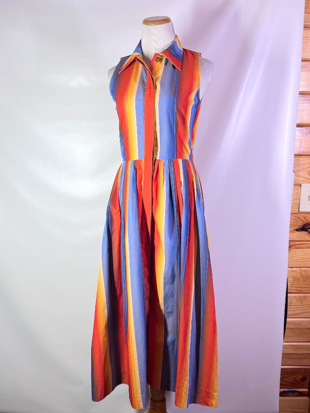 Buru Size S Sleeveless Shirtdress Striped Retro Orange Blue *Missing Button